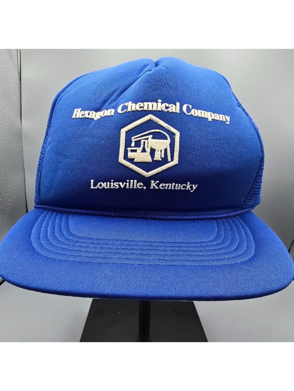 Vintage 80s Hexagon Chemical Company Louisville Kentucky Blue Crown Trucker Hat